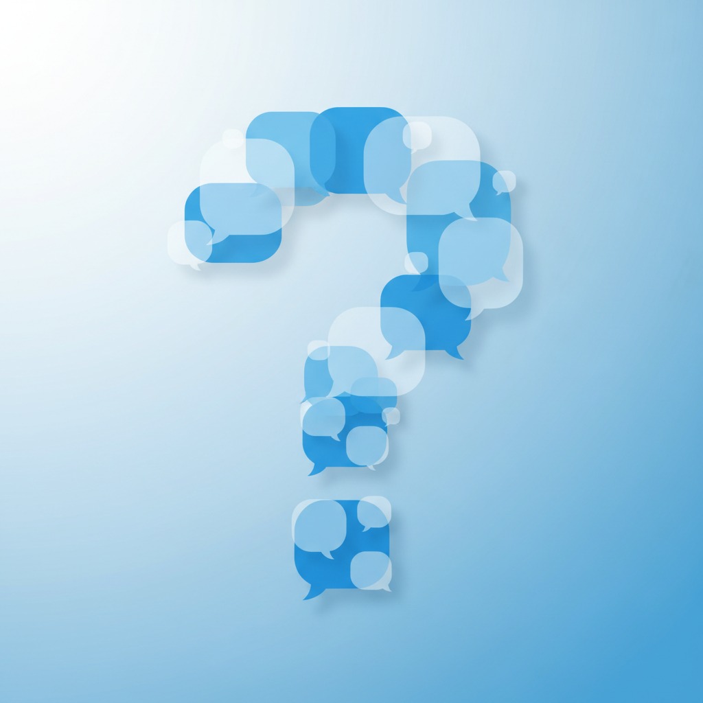A large question mark shape formed by overlapping blue and white speech bubbles against a light blue background.